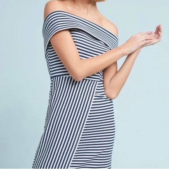 Hutch Off Shoulder Dress Size S Blue White Striped Knit Asymmetrical Nautical - Picture 1 of 11